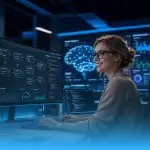 Portret al unui AI Automation Specialist care dezvoltă o integrare pe monitor, ilustrând mediul de lucru modern specific specialiștilor în inteligență artificială.