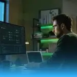 Programator concentrat dezvoltând un sistem de automatizare cu inteligență artificială la biroul său