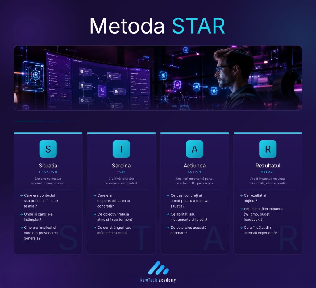 Infografic care explică pașii metodei STAR (Situație, Sarcină, Acțiune, Rezultat) pentru interviul de angajare